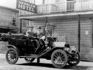 Old car in front of Nehalem Hotel in Historic Nehalem, Oregon
